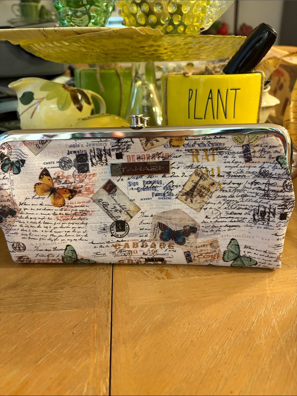 Tahari Butterfly Print Clutch Wallet in Cream, Green and Yellow